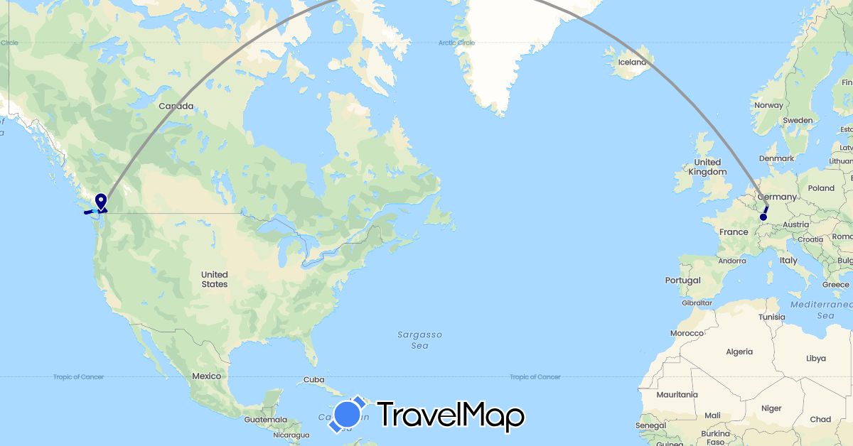 TravelMap itinerary: driving, plane, hiking, boat in Canada, Germany, France (Europe, North America)
